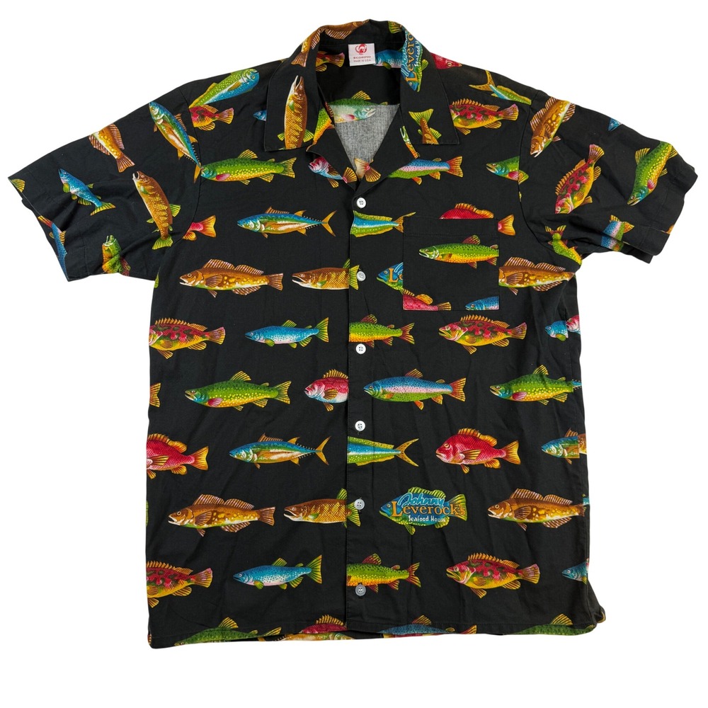 Scorpio Johnny Leverock's Fish Print Button Down Shirt Men Large Black USA Made
